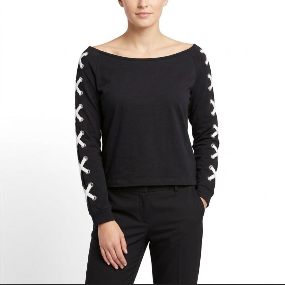 ASOS Women's Black Open-Neck Off The Shoulder White Laced LS Top Size 4
